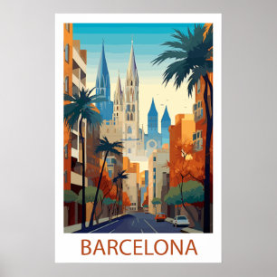 Retro Barcelona Vintage Travel Illustration Poster