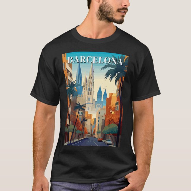 Retro Barcelona Vintage Travel Illustration T-Shirt (Front)