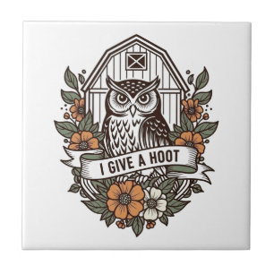 Retro barn owl 'I give a hoot' design Ceramic Tile