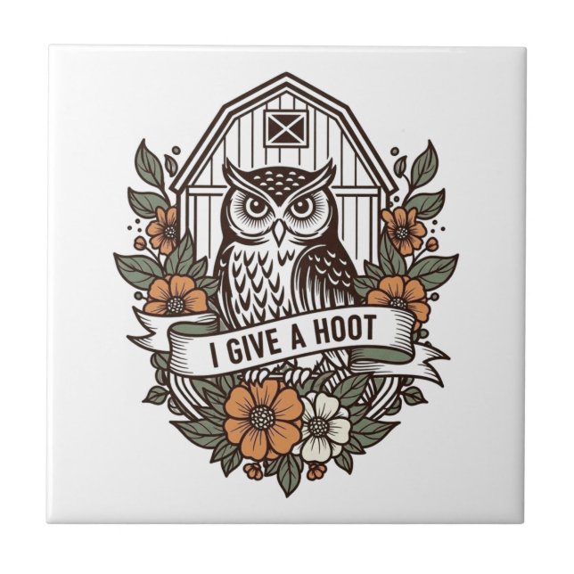 Retro barn owl 'I give a hoot' design Ceramic Tile (Front)