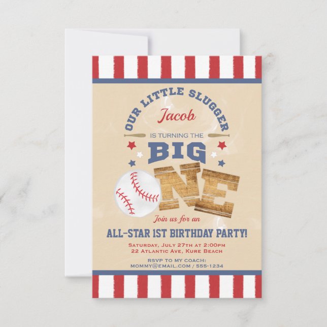 Retro Baseball 1st Birthday Stars & Stripes Invitation (Front)