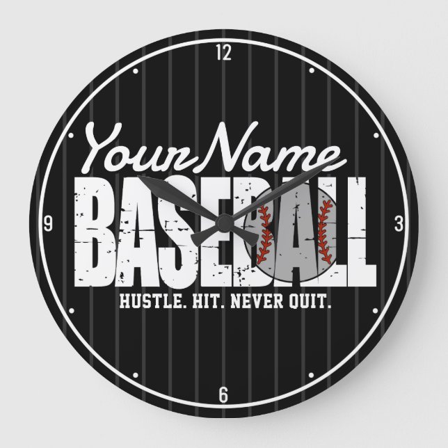 Retro Baseball ADD NAME Pinstripe Team Player Large Clock (Front)