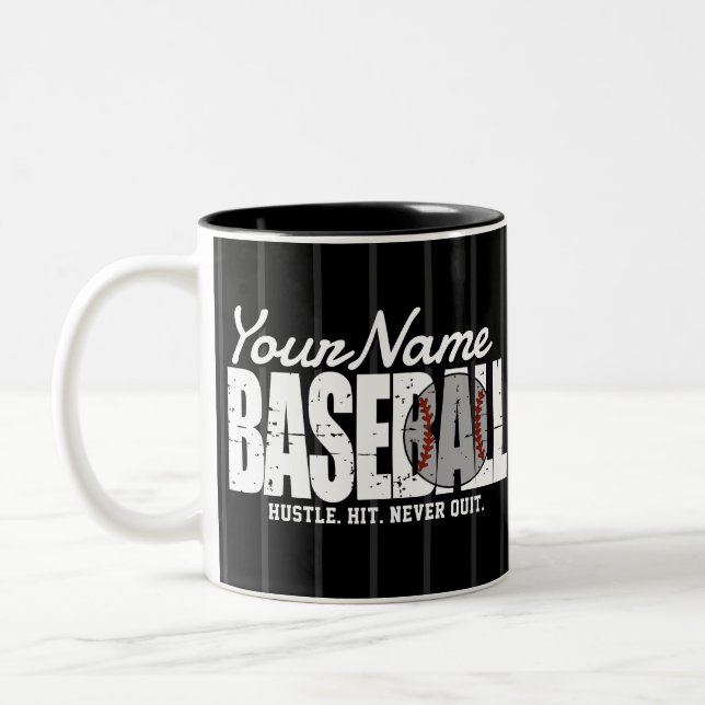 Retro Baseball ADD NAME Pinstripe Team Player Two-Tone Coffee Mug (Left)