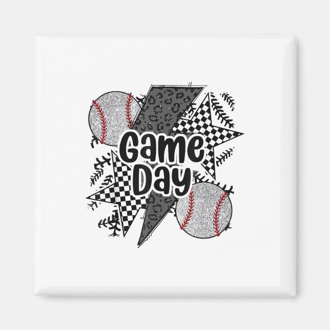 Retro Baseball Game Day Chequered Leopard Baseball Magnet (Front)