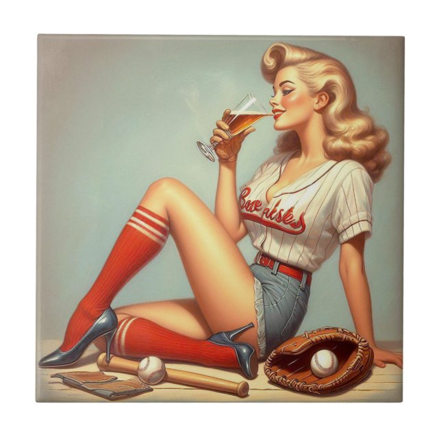 Retro Baseball Girl Painting Ceramic Tile (Front)