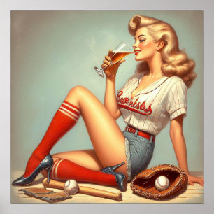 Retro Baseball Girl Painting Poster