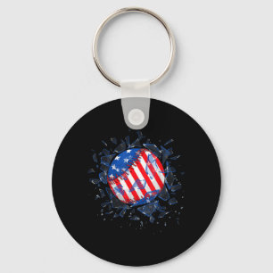 Retro Baseball Lover USA Flag Independence Day 4th Key Ring