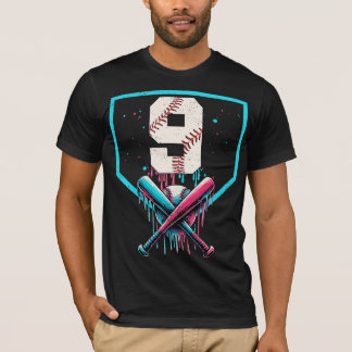 Retro Baseball Player Number 9 Drip Art Neon Blue  T-Shirt