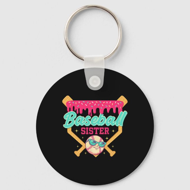 Retro Baseball Sister Ice Cream Drip Baseball Game Key Ring (Front)