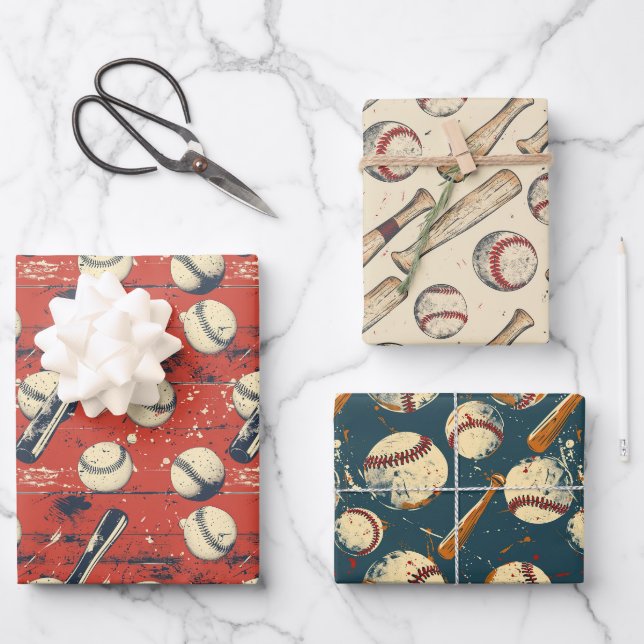 Retro Baseball Trio 3 Wrapping Paper Sheet (Front)