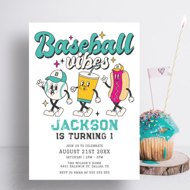 Retro Baseball Vibes Bright Colourful Kids Birthda Invitation (Creator Uploaded)