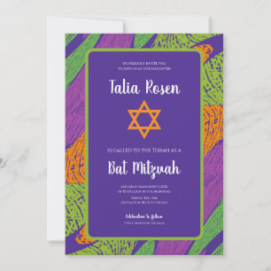 Retro Bat Mitzvah Purple and Green QR Code  Invitation