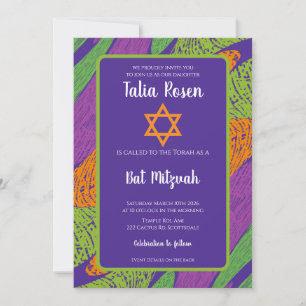 Retro Bat Mitzvah Purple and Green QR Code  Invitation