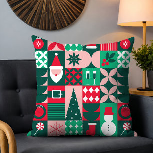 Retro Bauhaus Christmas Patchwork Red Green Cushion