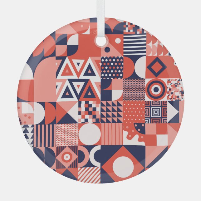 Retro Bauhaus design, colourful geometric. Glass Tree Decoration (Front)