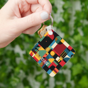 Retro Bauhaus Geometric Abstract Pattern Keychain