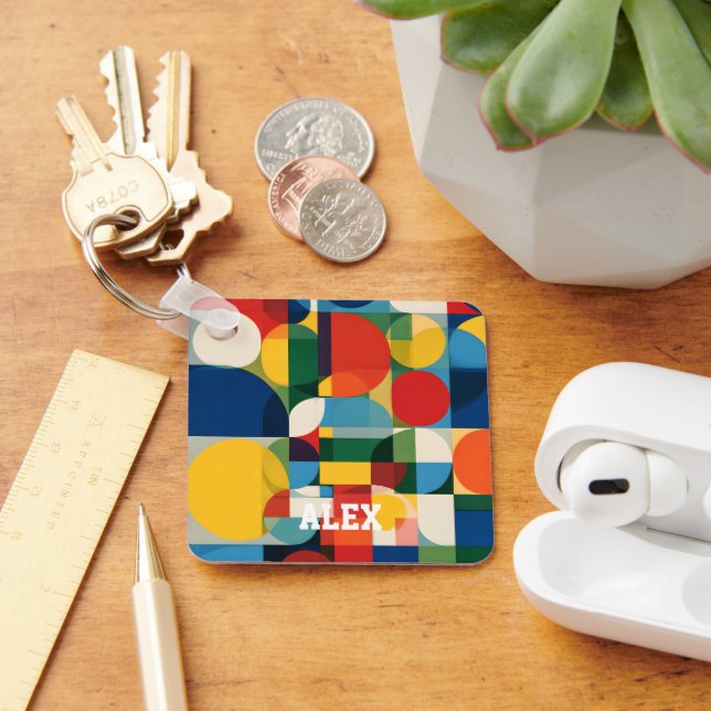 Retro Bauhaus Geometric Circles Abstract Keychain  (Desk)
