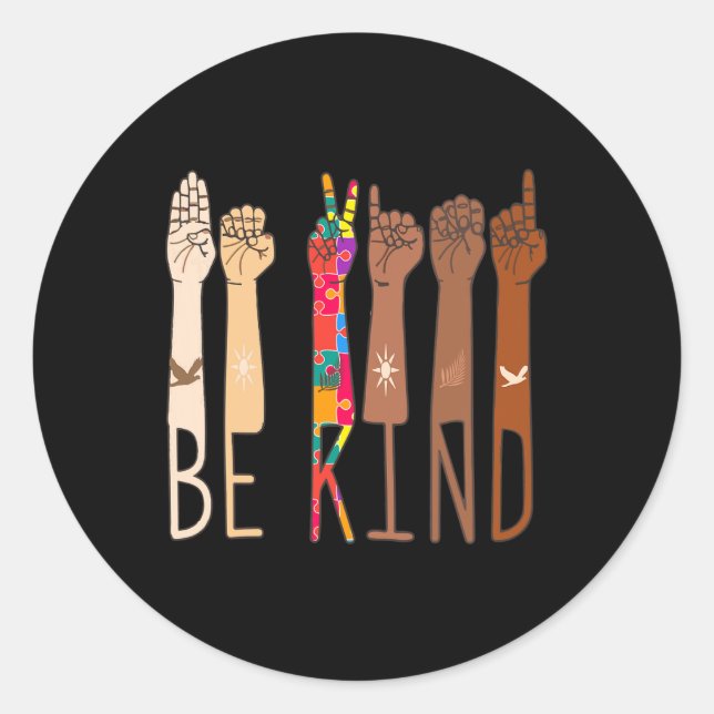 Retro Be Kind Hand Sign Language ASL Puzzle Autism Classic Round Sticker (Front)
