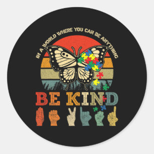 Retro Be Kind Puzzle Butterfly ASL Teacher Autism Classic Round Sticker