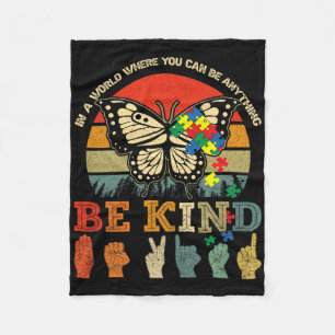 Retro Be Kind Puzzle Butterfly Asl Teacher Autism Fleece Blanket