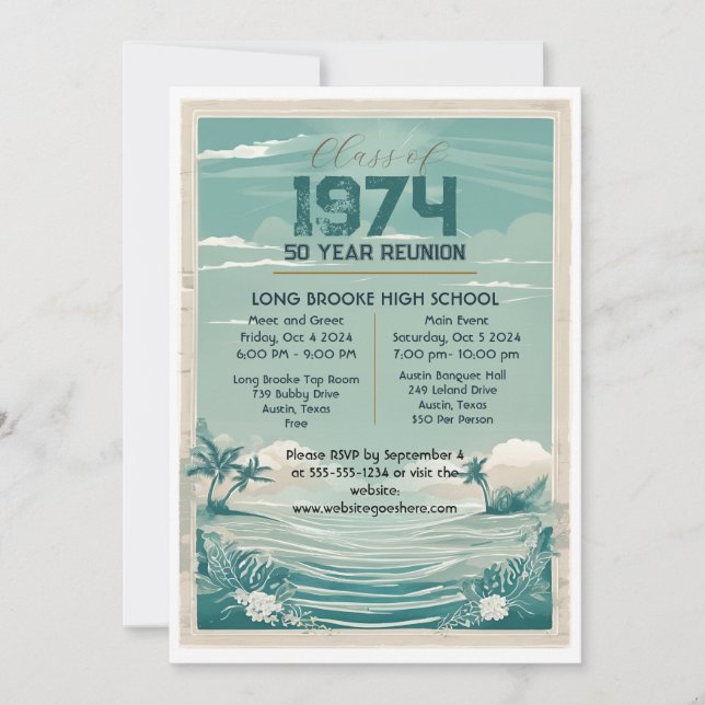 Retro Beach 1974 50 Year High School Reunion Invitation (Front)