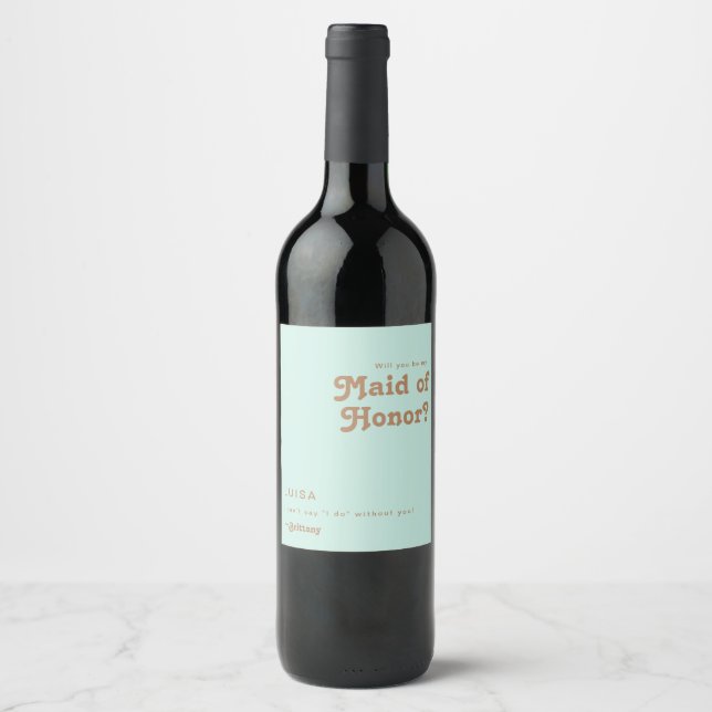 Retro Beach | Aqua Maid Of Honour Proposal Wine Label (Front)