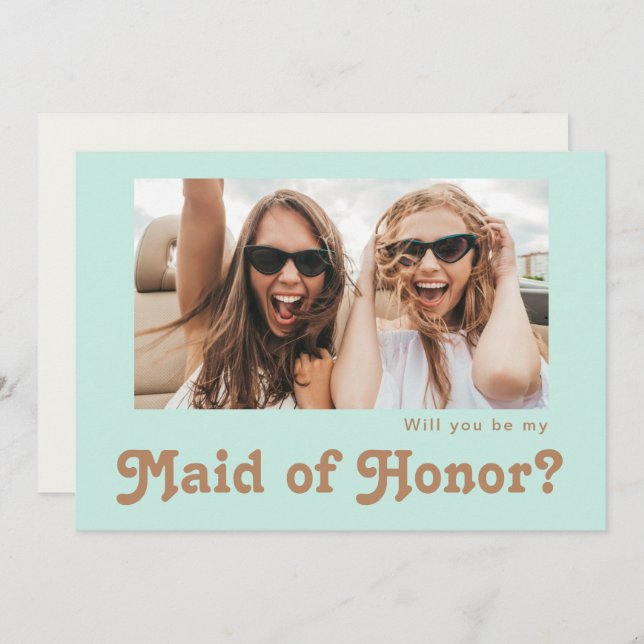 Retro Beach Aqua Photo Maid of Honour Proposal Car Invitation (Front/Back)