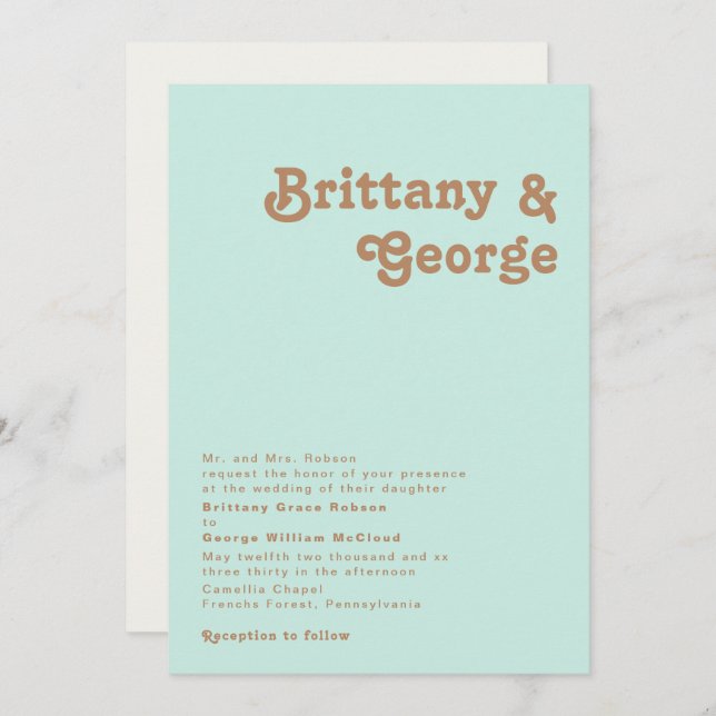 Retro Beach | Aqua Traditional Wedding Invitation (Front/Back)