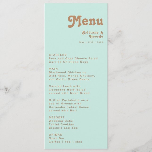Retro Beach | Aqua Wedding Dinner Menu (Front)
