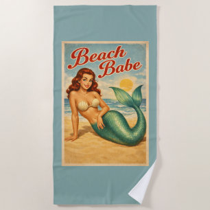 Retro Beach Babe Pin-Up Mermaid   Teal Mermaidcore Towel