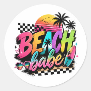 Retro Beach Babe Quote Tropical Vibes Colourful Classic Round Sticker
