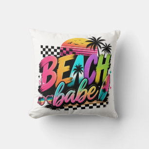 Retro Beach Babe Quote Tropical Vibes Colourful Cushion