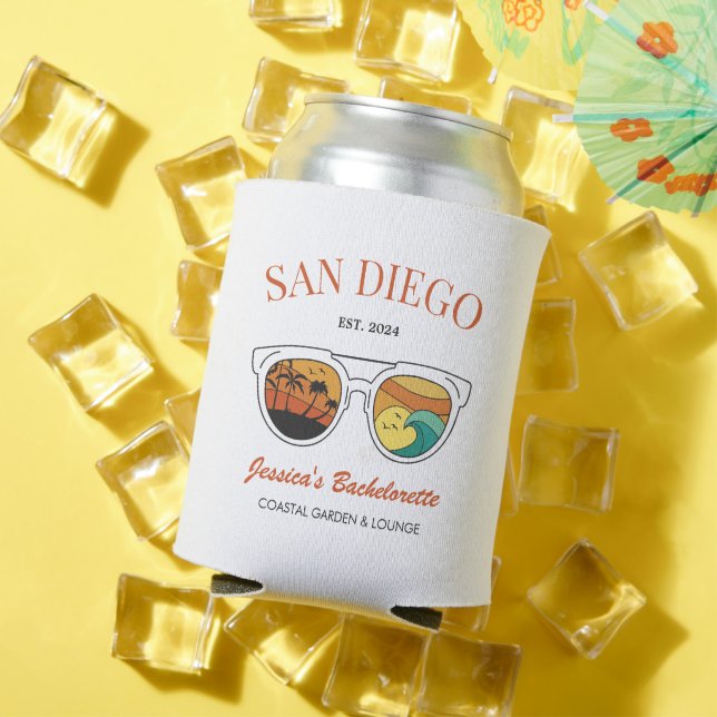 Retro Beach Bachelorette Custom Bridesmaid Gifts Can Cooler (In Situ Summer)