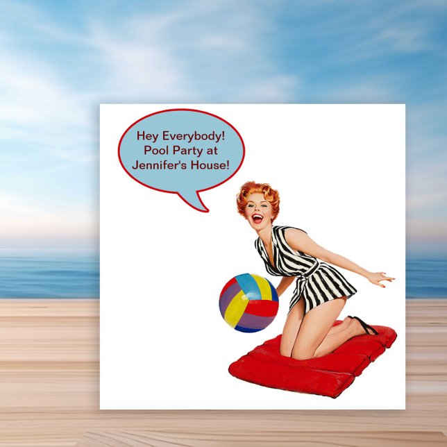 Retro Beach Ball Pool Party Invitation (Fun vintage retro pool party invitation. Simply add your event details to the front and back.)