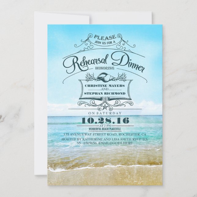 Retro beach blue ombre rehearsal dinner invites (Front)