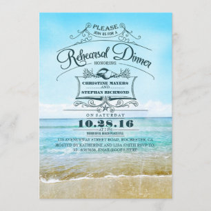 Retro beach blue ombre rehearsal dinner invites