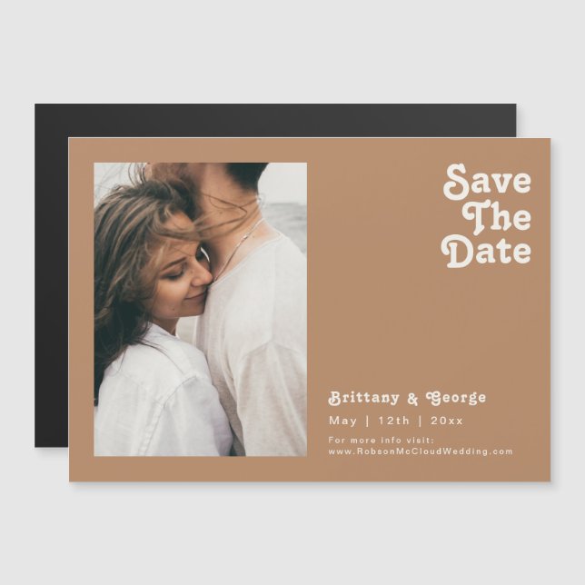 Retro Beach | Brown Horizontal Save The Date Magnetic Invitation (Front/Back)