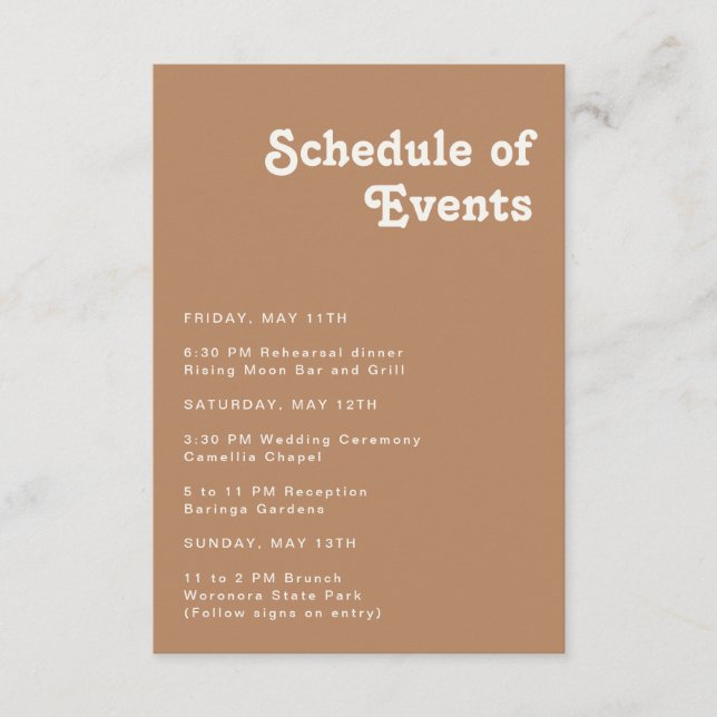 Retro Beach | Brown Schedule of Events Enclosure Card (Front)