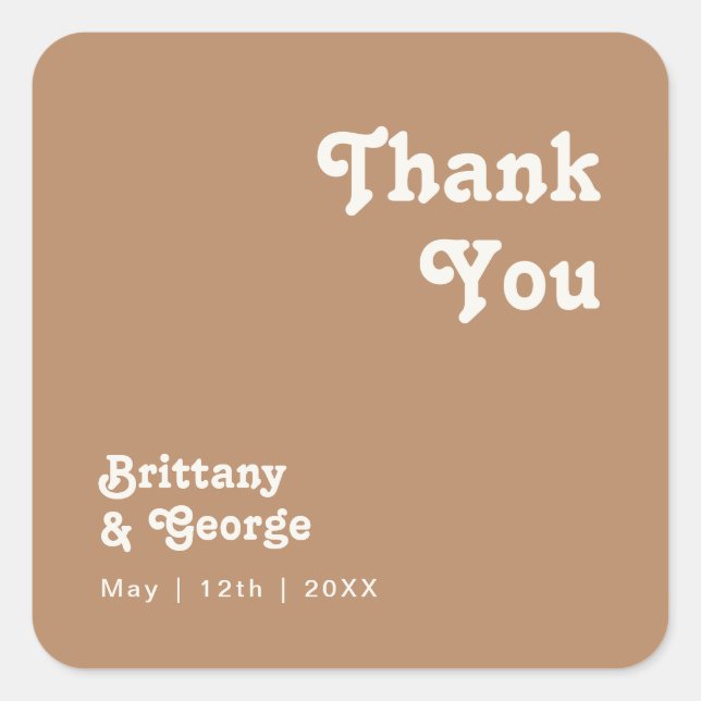 Retro Beach | Brown Thank You Wedding Favour Square Sticker (Front)