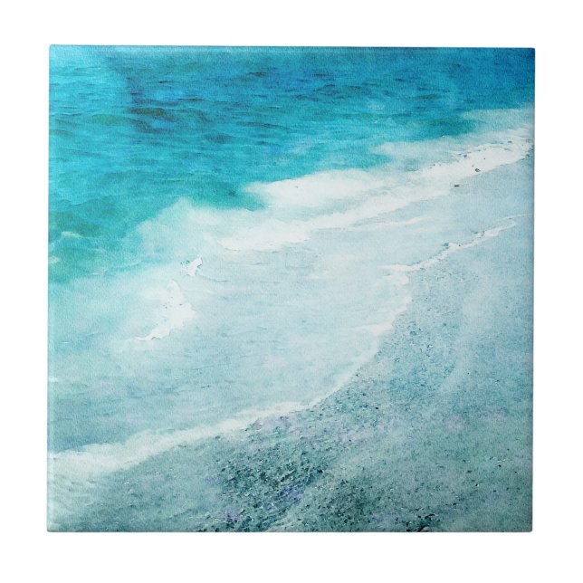 Retro Beach - Coastal Ocean Teal Blue Watercolor Ceramic Tile (Front)