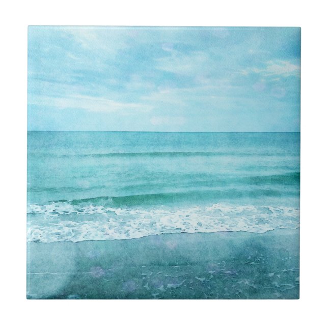 Retro Beach - Coastal Ocean Teal Blue Watercolor Ceramic Tile (Front)