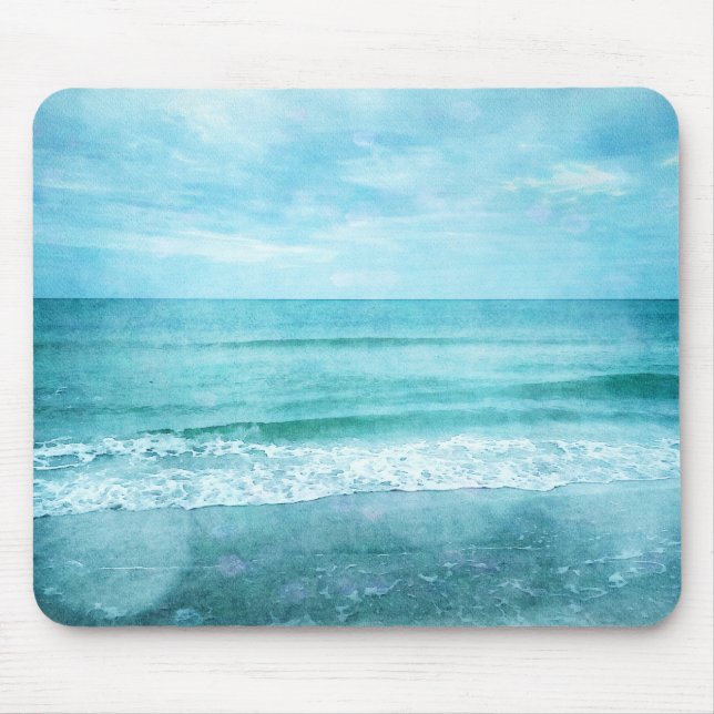 Retro Beach - Coastal Ocean Teal Blue Watercolor Mouse Pad (Front)