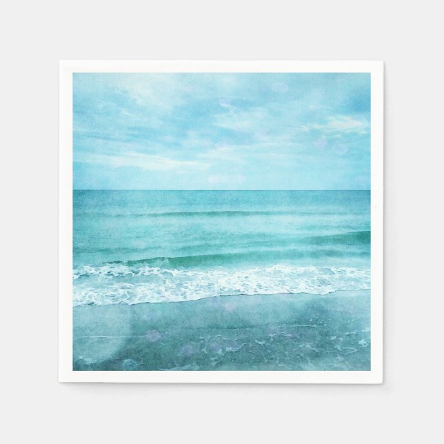 Retro Beach - Coastal Ocean Teal Blue Watercolor Napkin (Front)