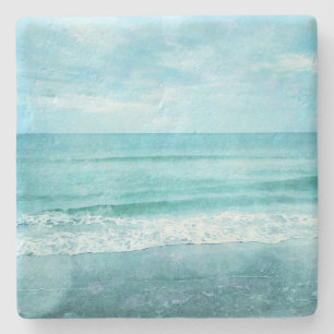 Retro Beach - Coastal Ocean Teal Blue Watercolor Stone Coaster