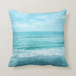 Retro Beach - Coastal Teal Blue Ocean Watercolor Cushion