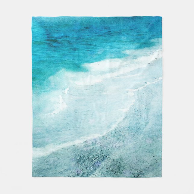 Retro Beach - Coastal Teal Blue Ocean Watercolor Fleece Blanket (Front)