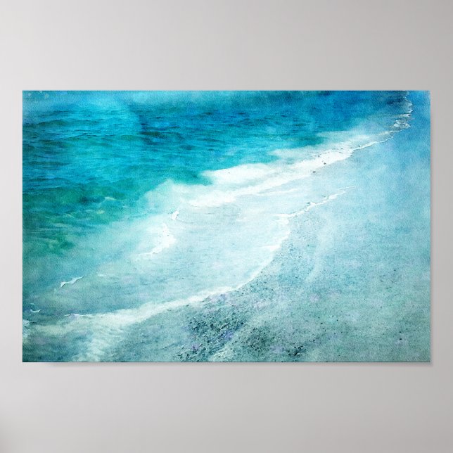 Retro Beach - Coastal Teal Blue Ocean Watercolor Poster (Front)