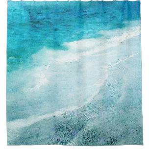 Retro Beach - Coastal Teal Blue Ocean Watercolor Shower Curtain
