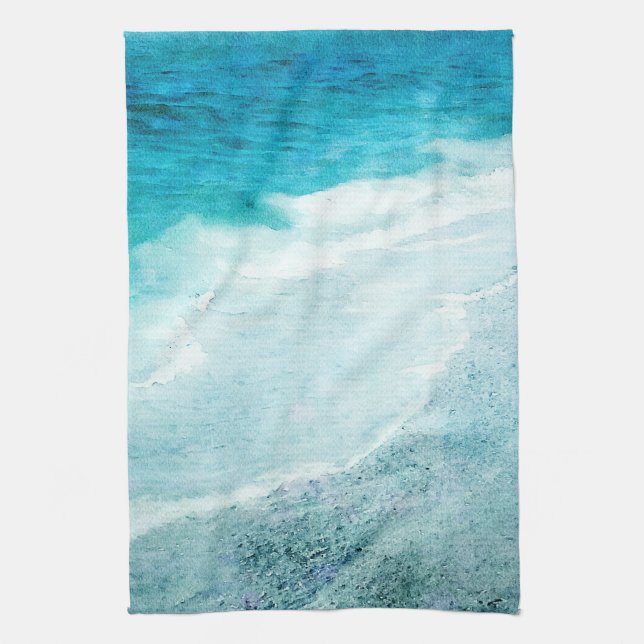 Retro Beach - Coastal Teal Blue Ocean Watercolor Tea Towel (Vertical)