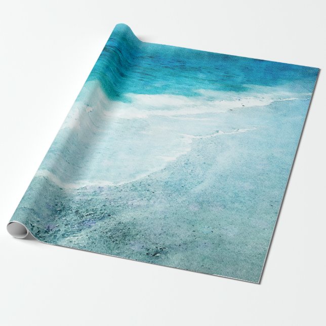 Retro Beach - Coastal Teal Blue Ocean Watercolor Wrapping Paper (Unrolled)
